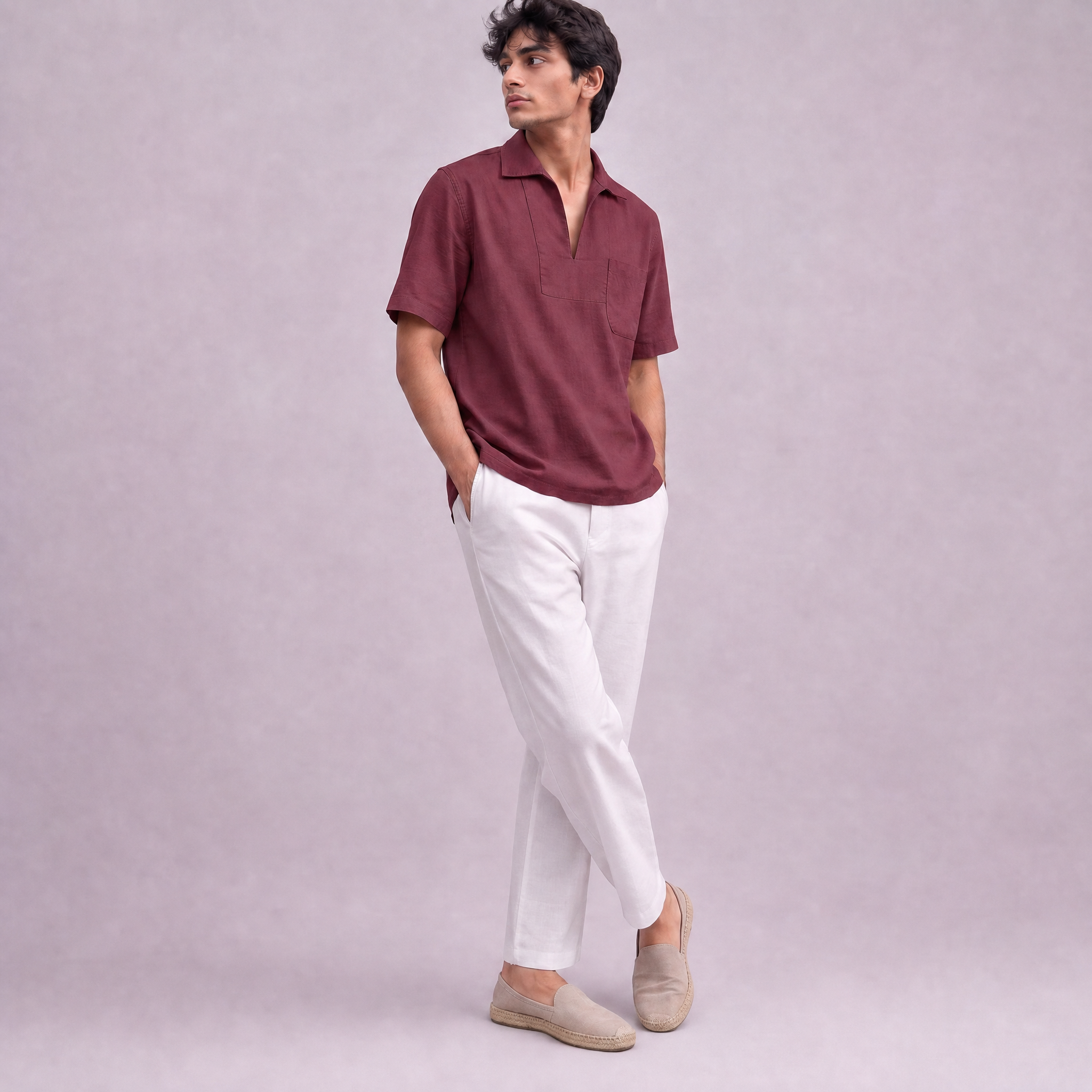 Linen Pullover Shirt in half sleeve in Garnet, Ratń Swamini