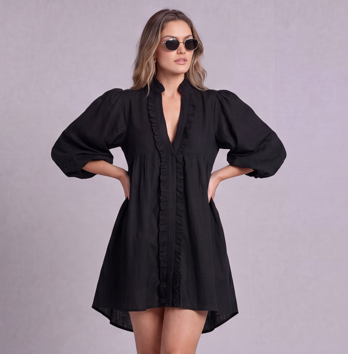 Linen Ruffle Front Mini Dress — Ratń Swamini · view 3