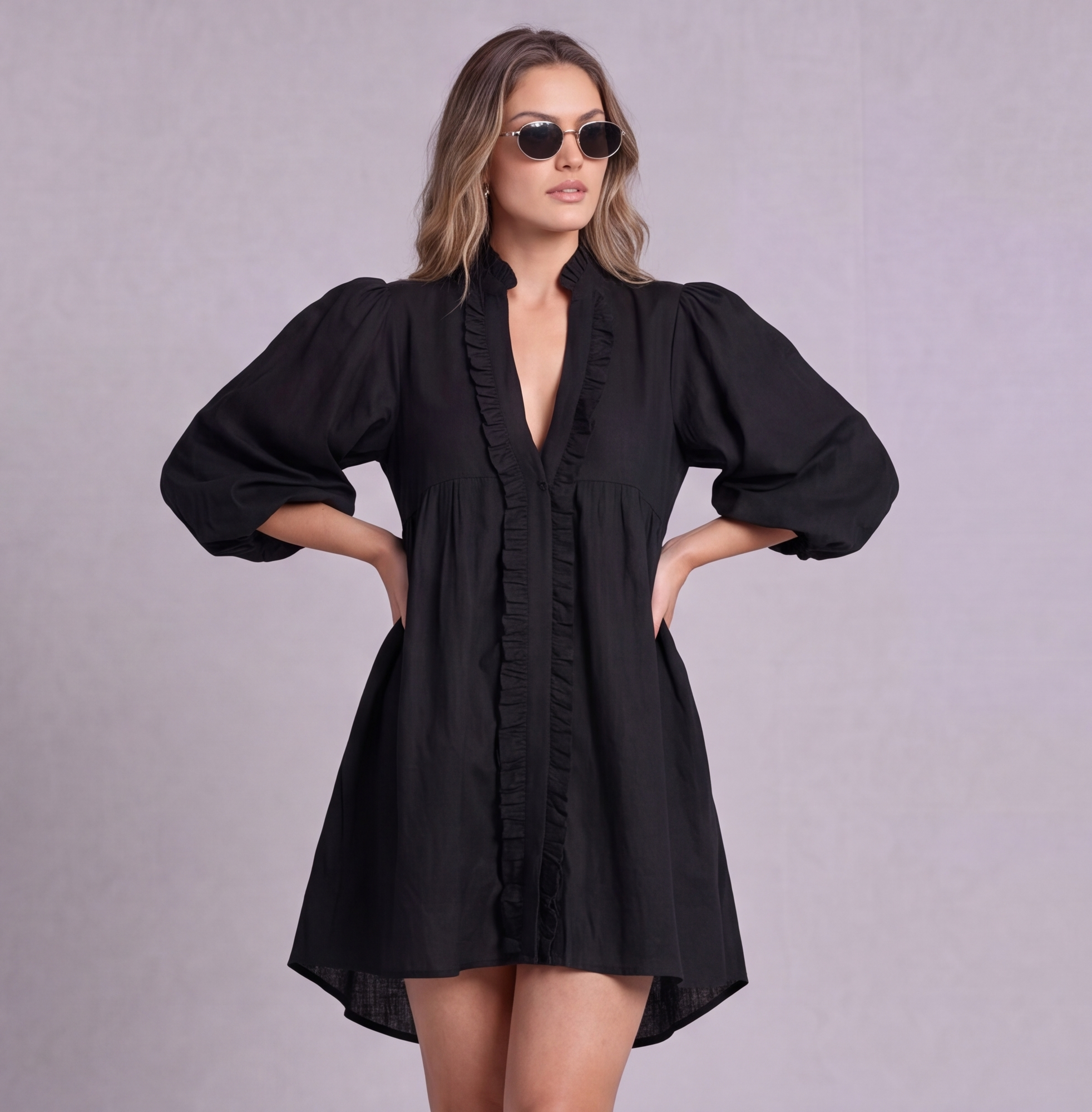 Linen Ruffle Front Mini Dress — Ratń Swamini · view 3