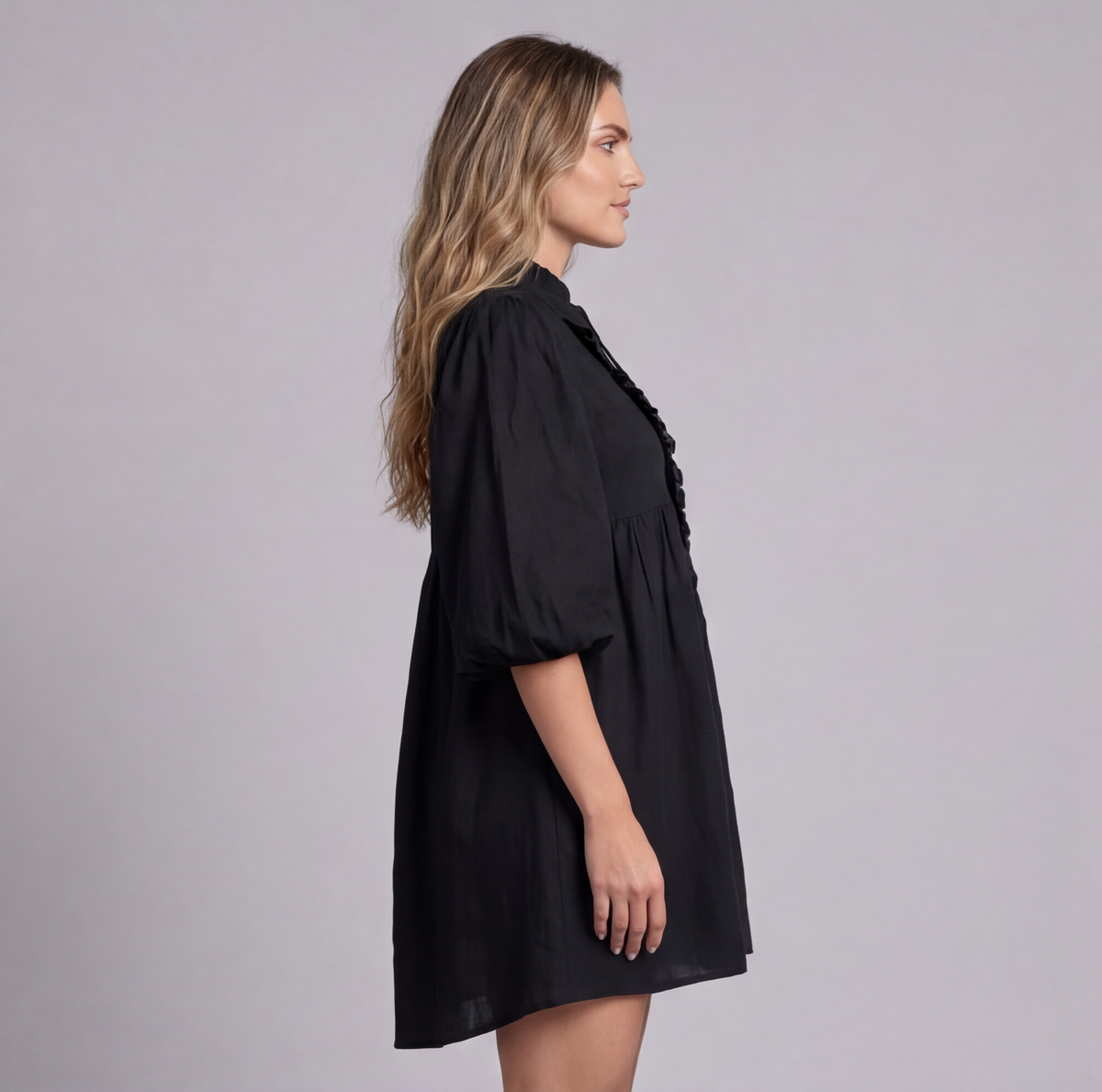 Linen Ruffle Front Mini Dress — Ratń Swamini · view 5