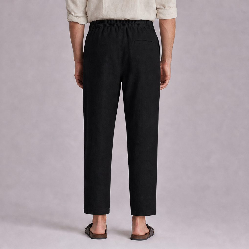 Black linen trouser back view, Ratń Swamini